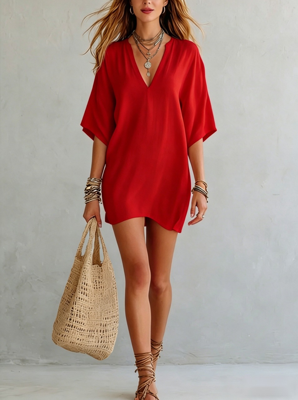 Women's V-Neck Loose Five-Sleeve T-Shirt Vacation Top