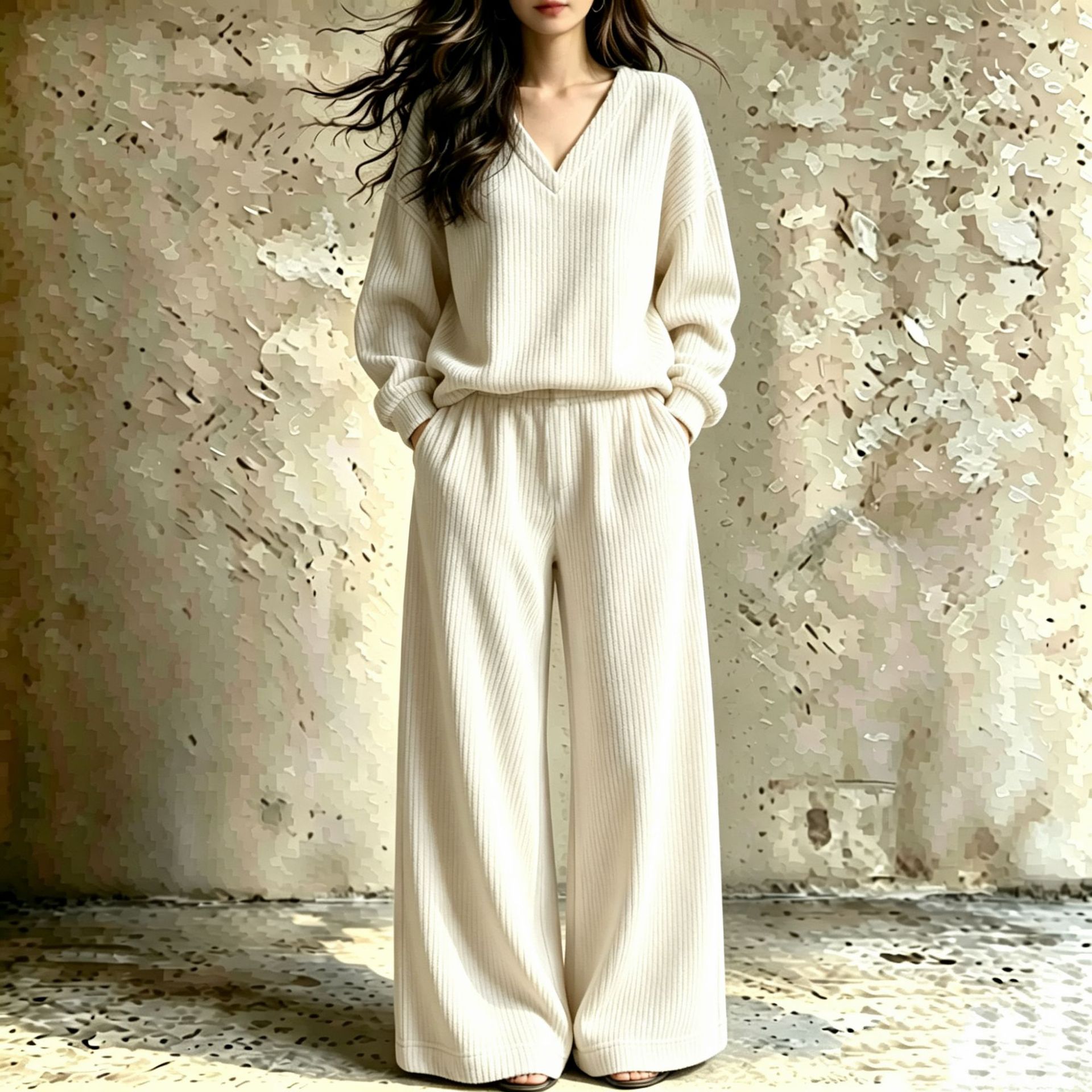 Women's V-Neck Ribbed Knit Two-Piece Lounge Set Long Sleeve Top and Pants