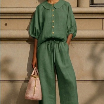 Women's Cotton-Linen Lantern Sleeve Shirt & Drawstring Pants Set