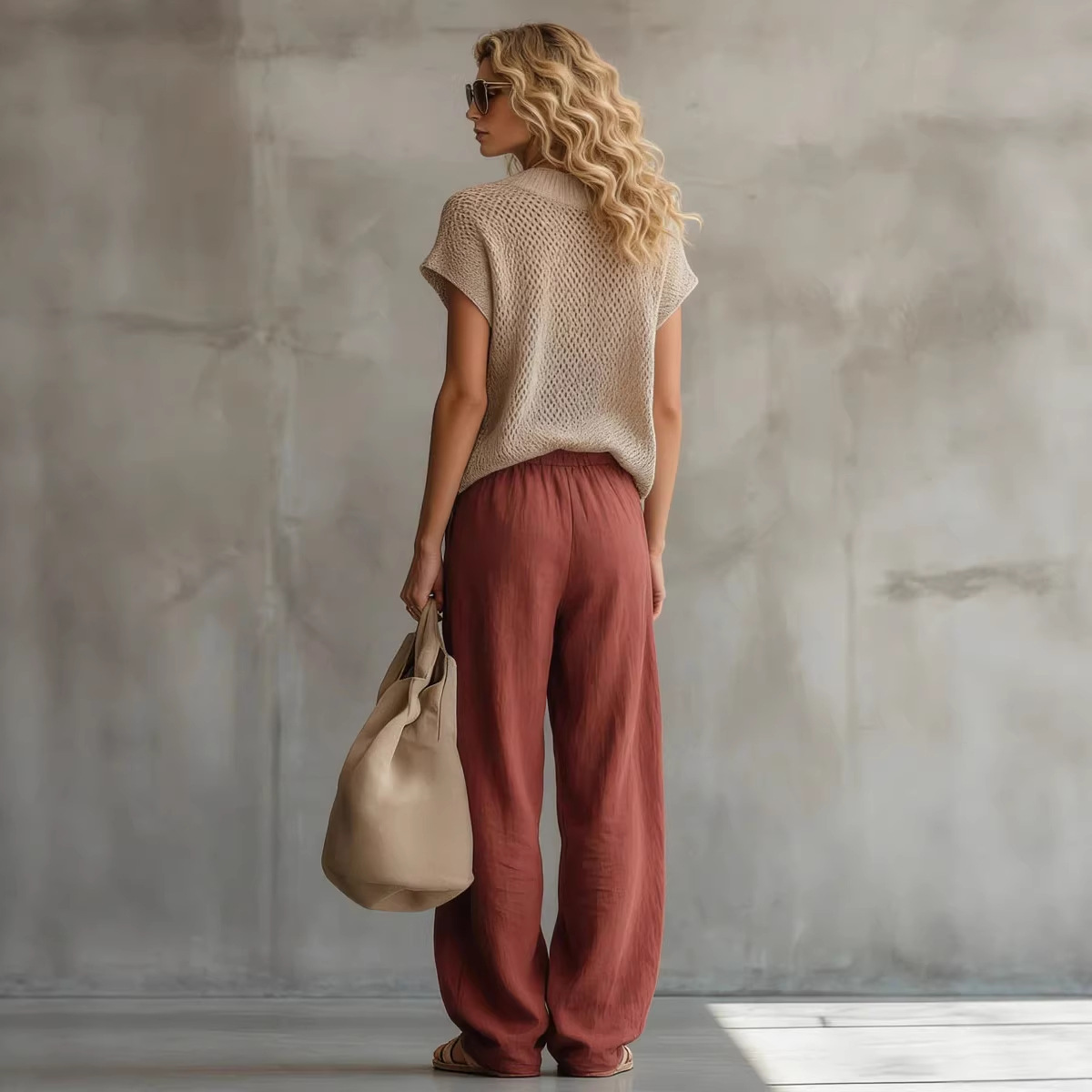 Women's Retro Short-Sleeve Knit Top & Brick Red Cotton-Linen Wide-Leg Pants Set