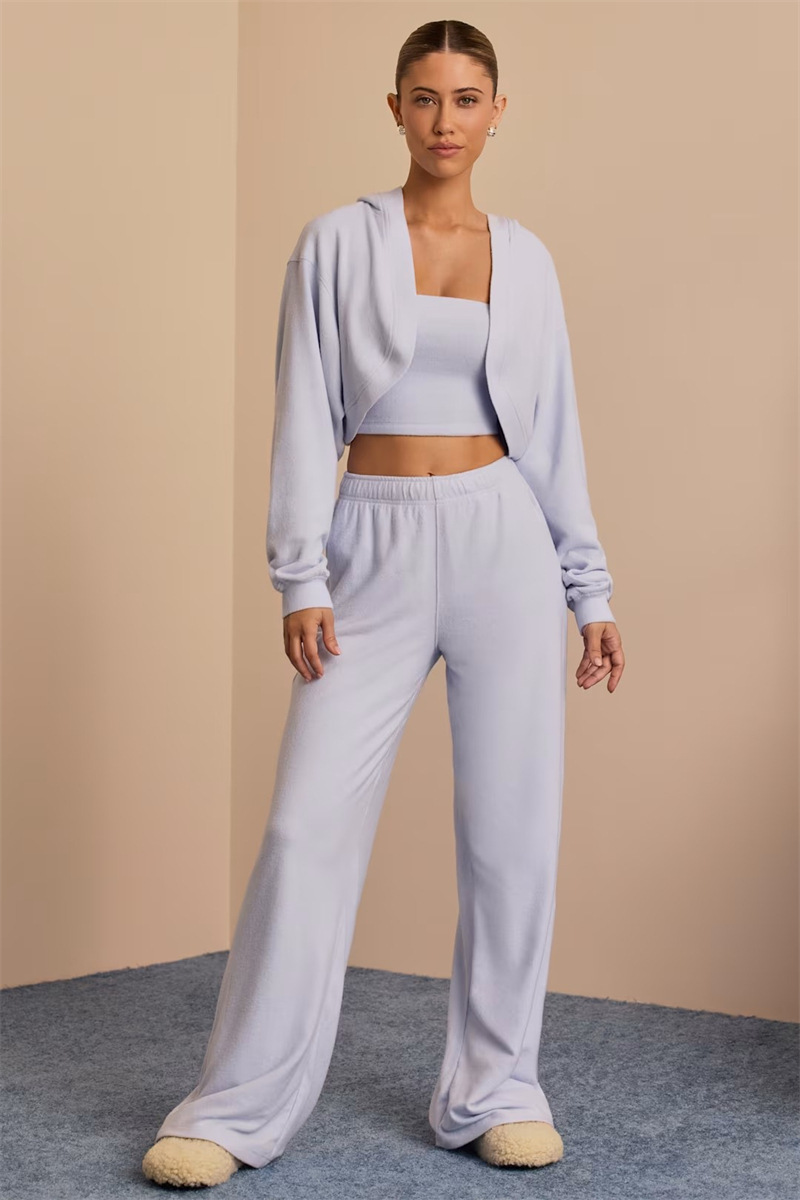 Women's Solid Color Cropped Hooded Three-Piece Pants Set Casual Streetwear