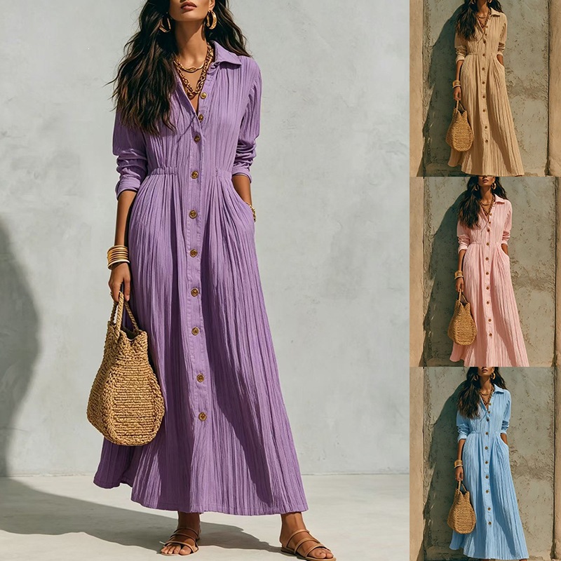 Single-Breasted Multi-Button Pleated Solid Color Long Sleeve Dress