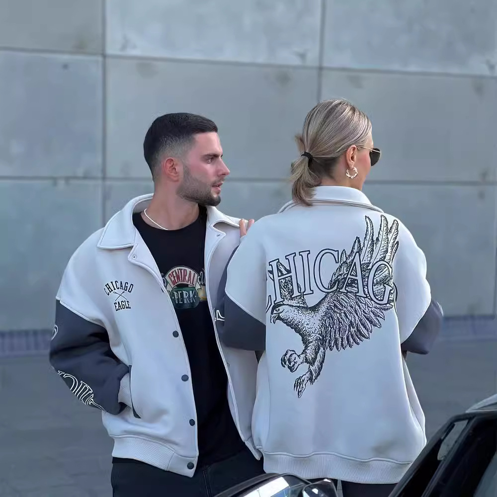 Animal Print Button-Front Baseball Cardigan Sweatshirt for Couples