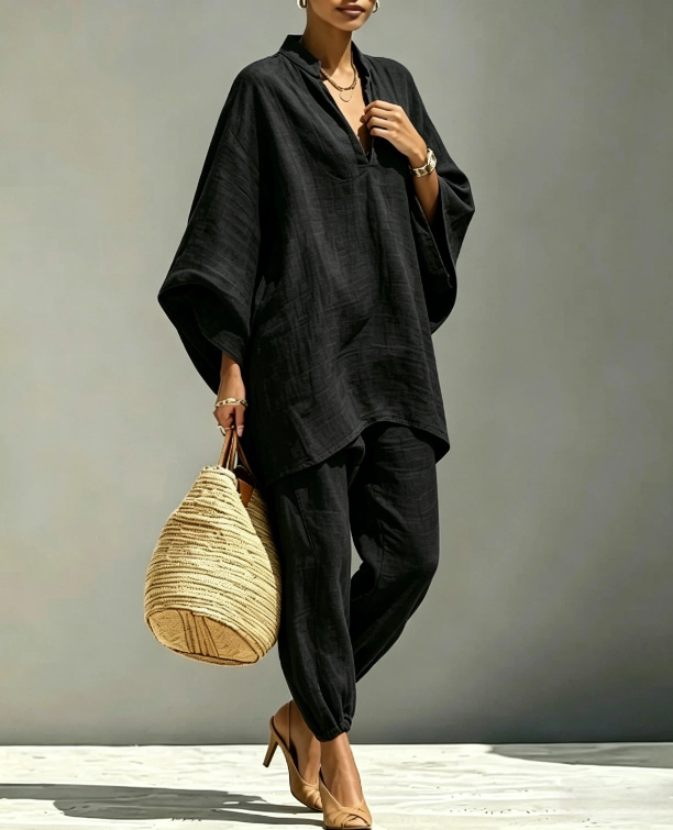 Women's Casual Batwing Sleeve V-Neck Loose Two-Piece Set