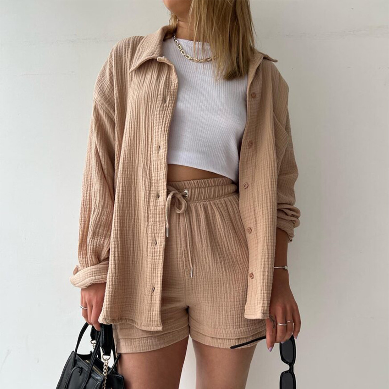 Women's Crinkle Fabric Collared Long Sleeve Shirt and High Waist Drawstring Shorts Set