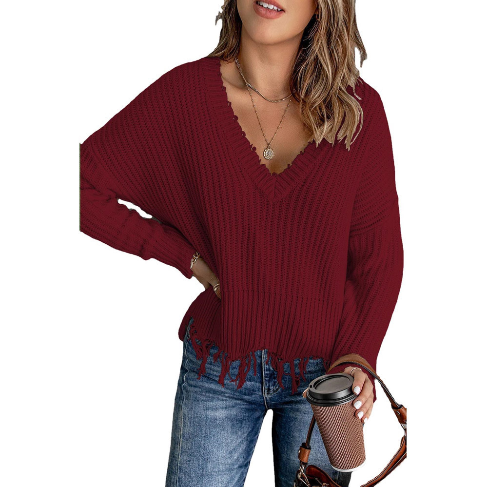 Women's Cotton Fringe Distressed Knit Sweater
