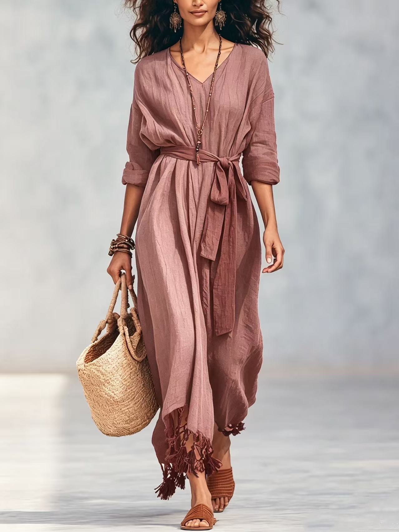 Boho V-Neck Tie-Front Fringe Hem Midi Dress