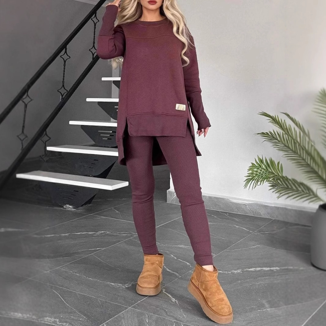 Women's Casual Solid Color Long Sleeve Round Neck Slit Top Set