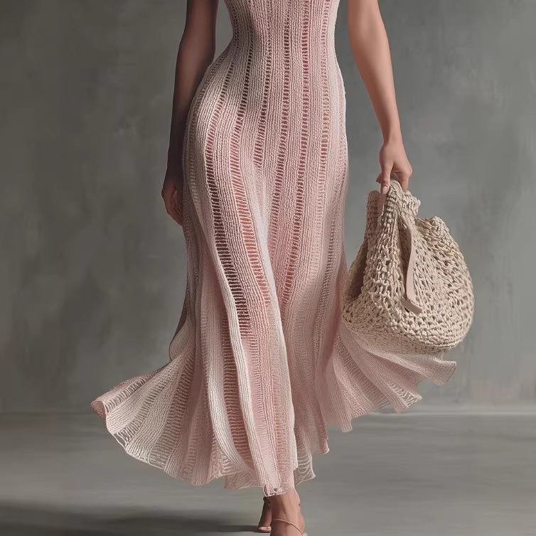 Retro Flowy Open-Front Pink Knit V-Neck Long Dress