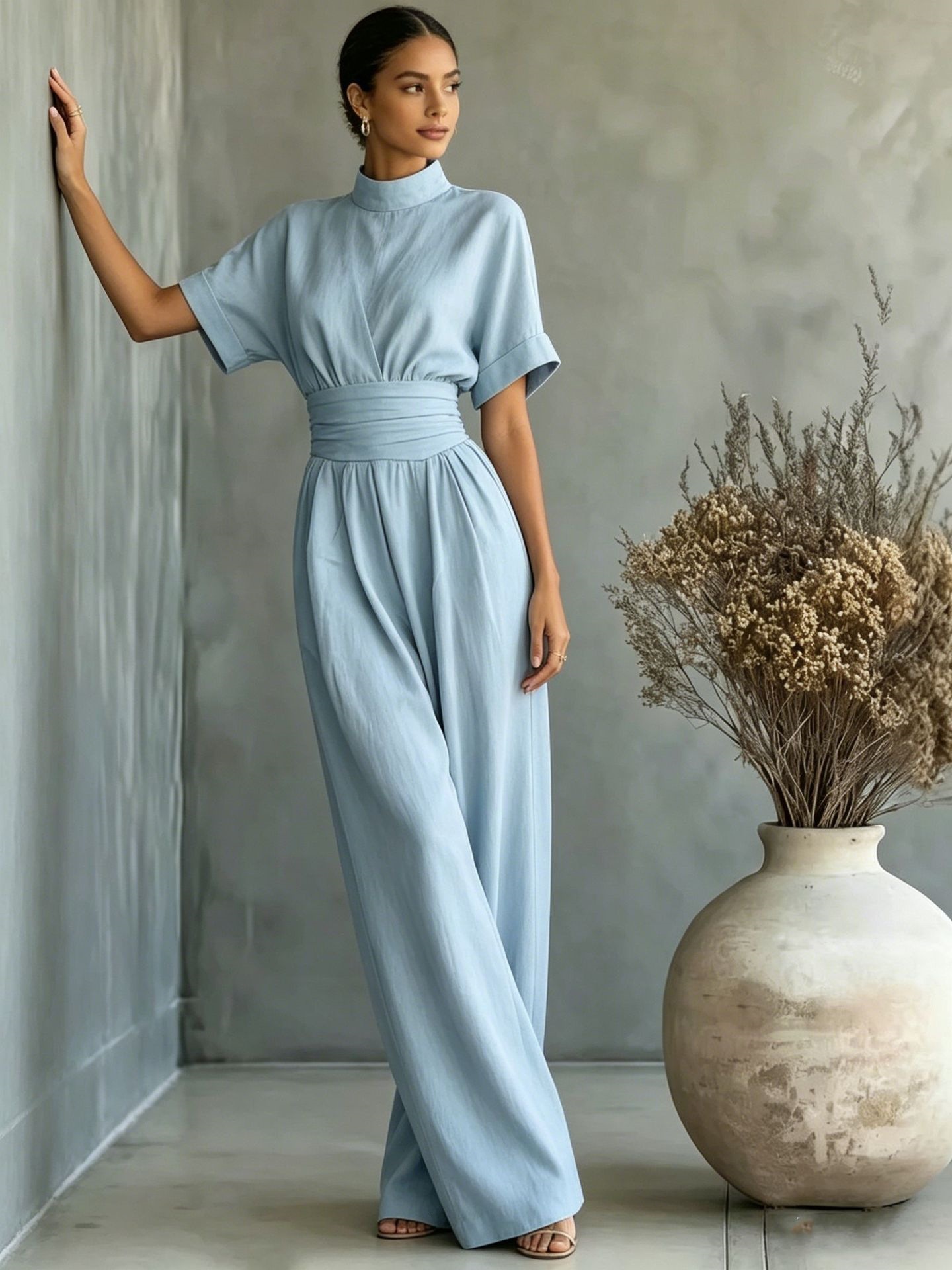 Women's Half-Turtleneck Short-Sleeve Wide-Leg Jumpsuit Solid Casual Loose Long Pants