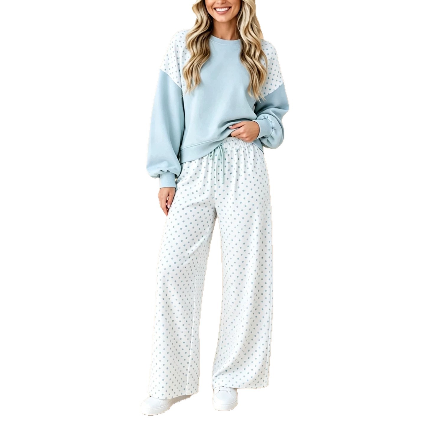 Colorblock Polka Dot Women's Two-Piece Set with Crew Neck Long Sleeve Top and Drawstring Wide-Leg Pants