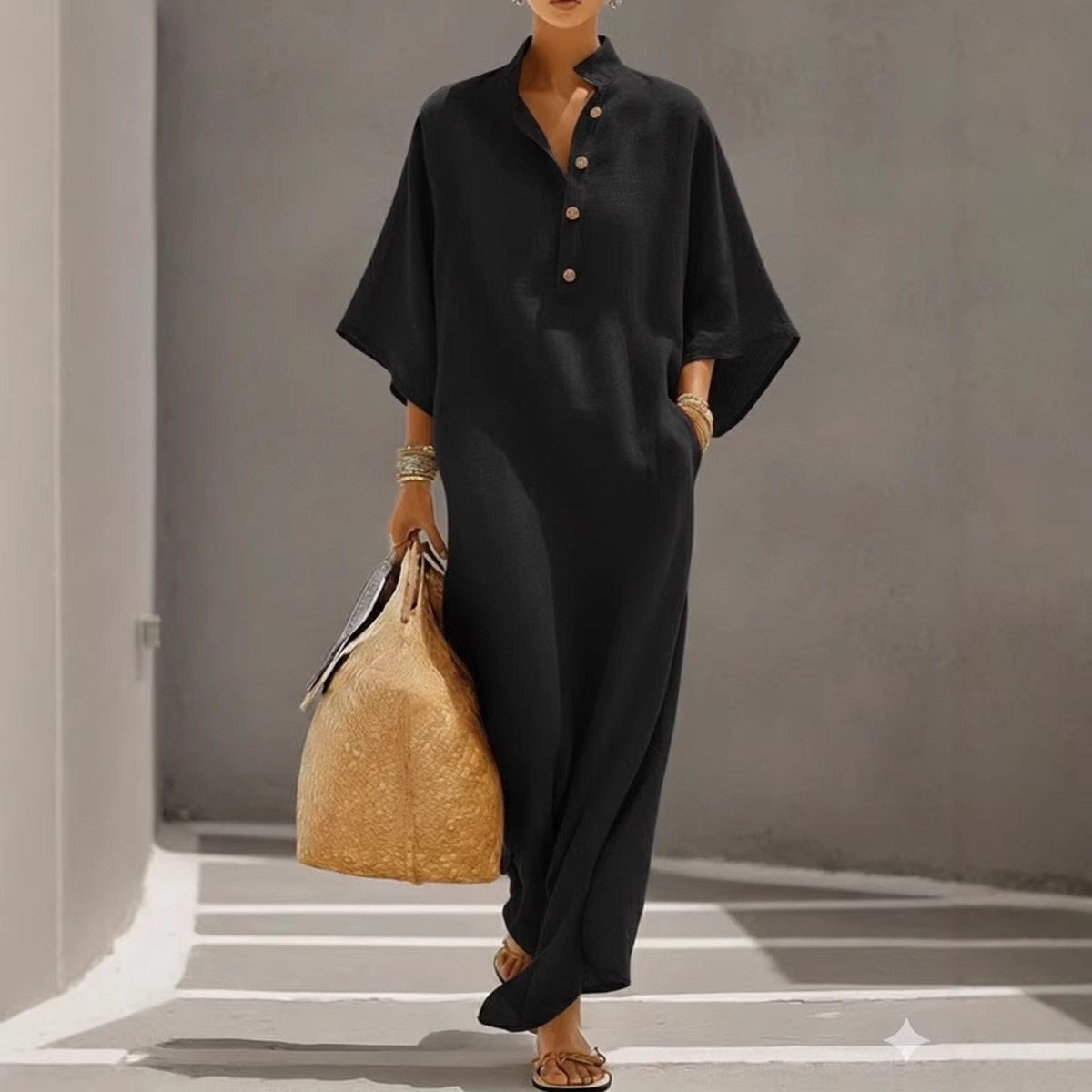 Women's Waist-Cinching Ruffle Button-Front Midi Dress with Stand Collar
