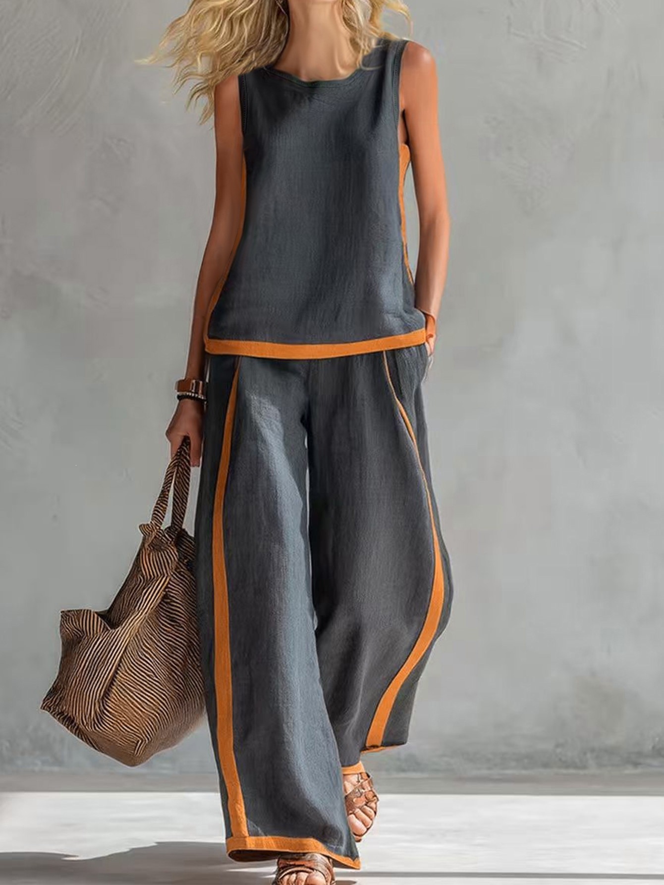 Sleeveless Colorblock Wide-Leg Pants Set Women's Summer Casual Two-Piece