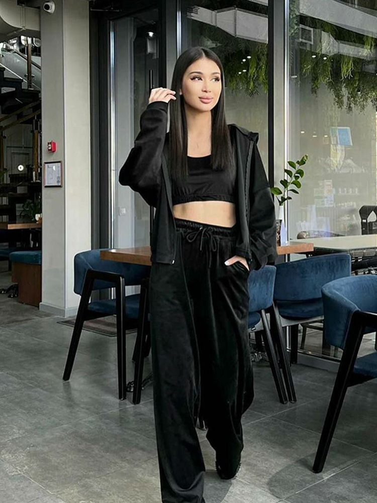 Velvet Zip Sweatshirt & Drawstring Pants Casual Set for Women