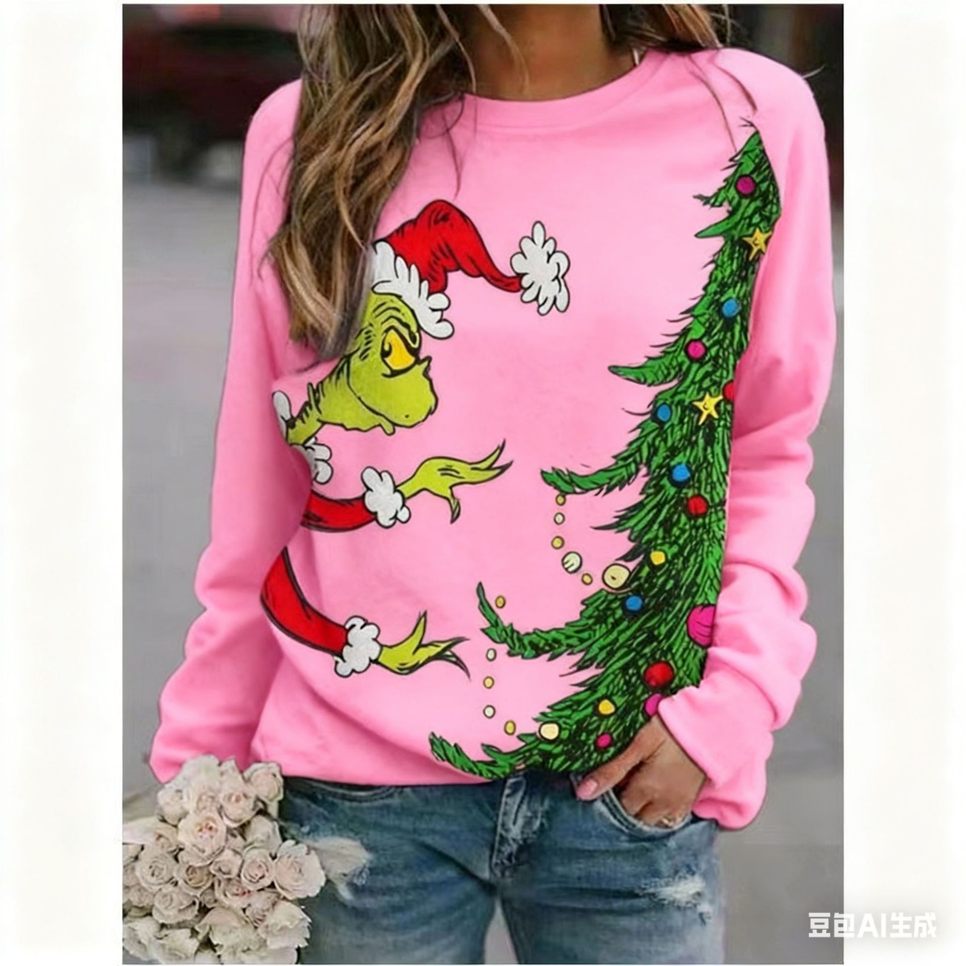 Women's Christmas Tree Grinch Reindeer Print Crewneck Sweatshirt