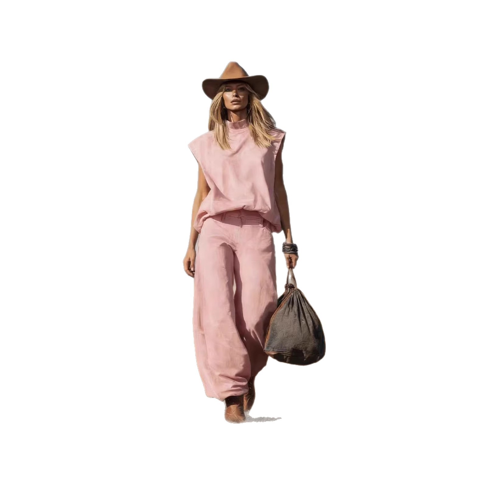 Western-Style Sleeveless Wide-Leg Jogger Suede Set