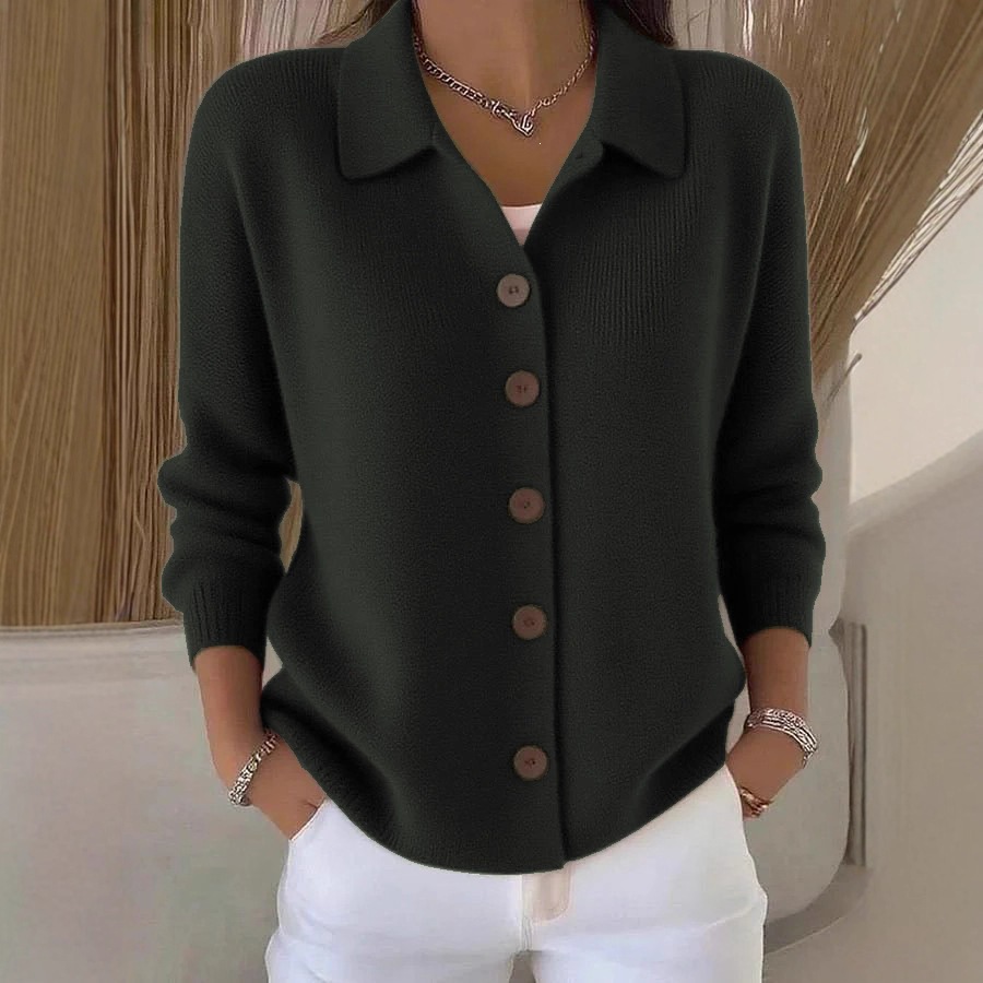 Button-Up Knit Collared Cardigan Sweater Coat Solid Color Casual Women's