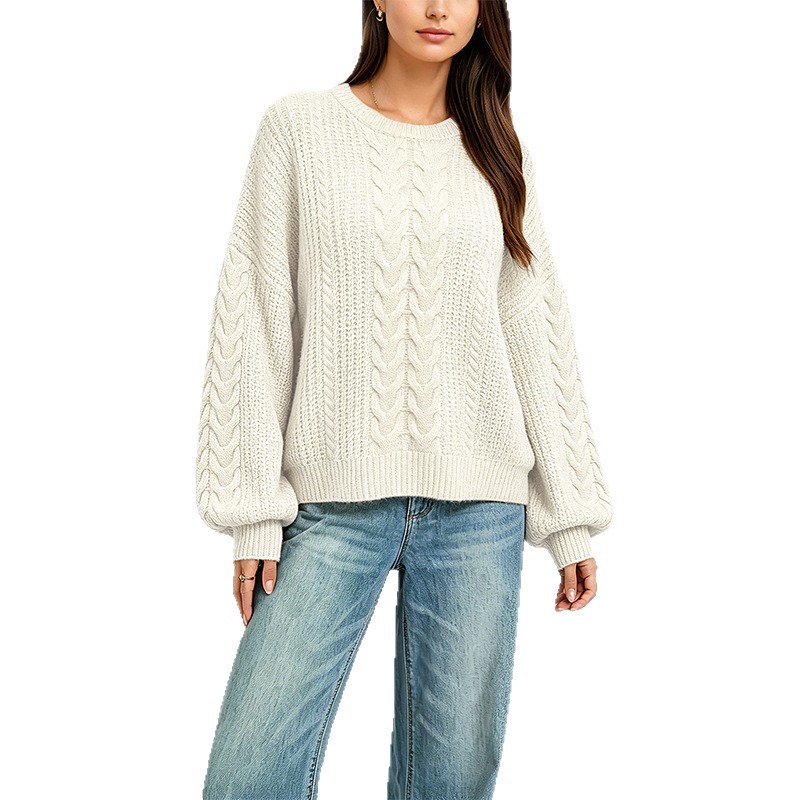 Women's Cable-Knit Crewneck Pullover Sweater Solid Color Loose Fit Long Sleeve