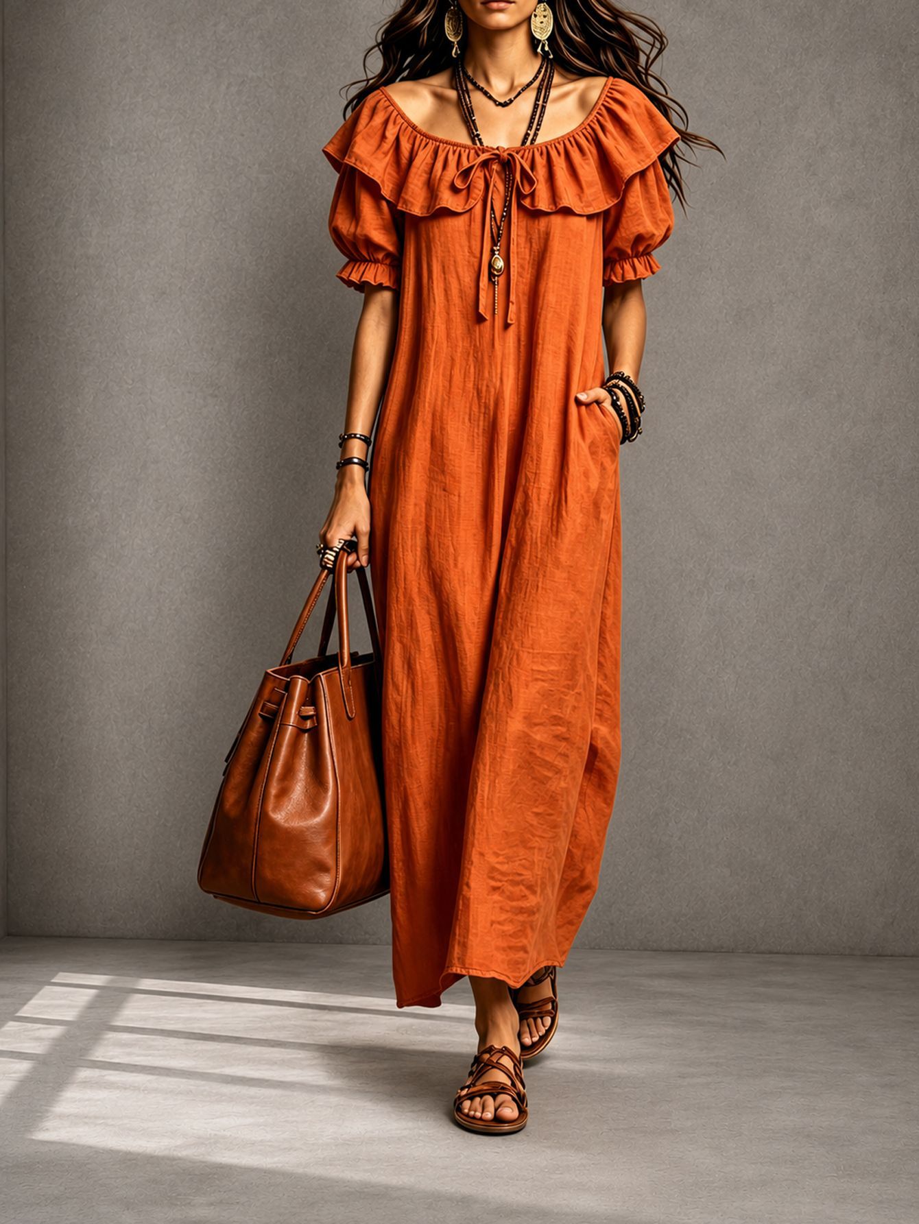 Ruffled Crew Neck A-Line Midi Dress for Beach Vacation