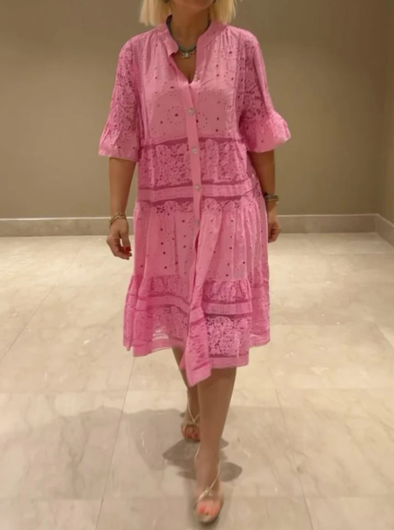 Women's Solid V-Neck Button Lace Panel Midi Dress