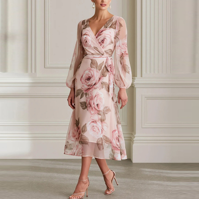 Floral Print V-Neck Lantern Sleeve A-Line Midi Dress