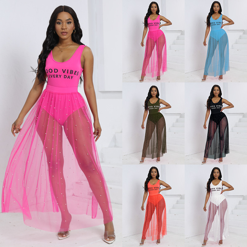 Sexy Sheer Mesh Two-Piece Bodysuit and Maxi Skirt Set with Hand-Beaded Details