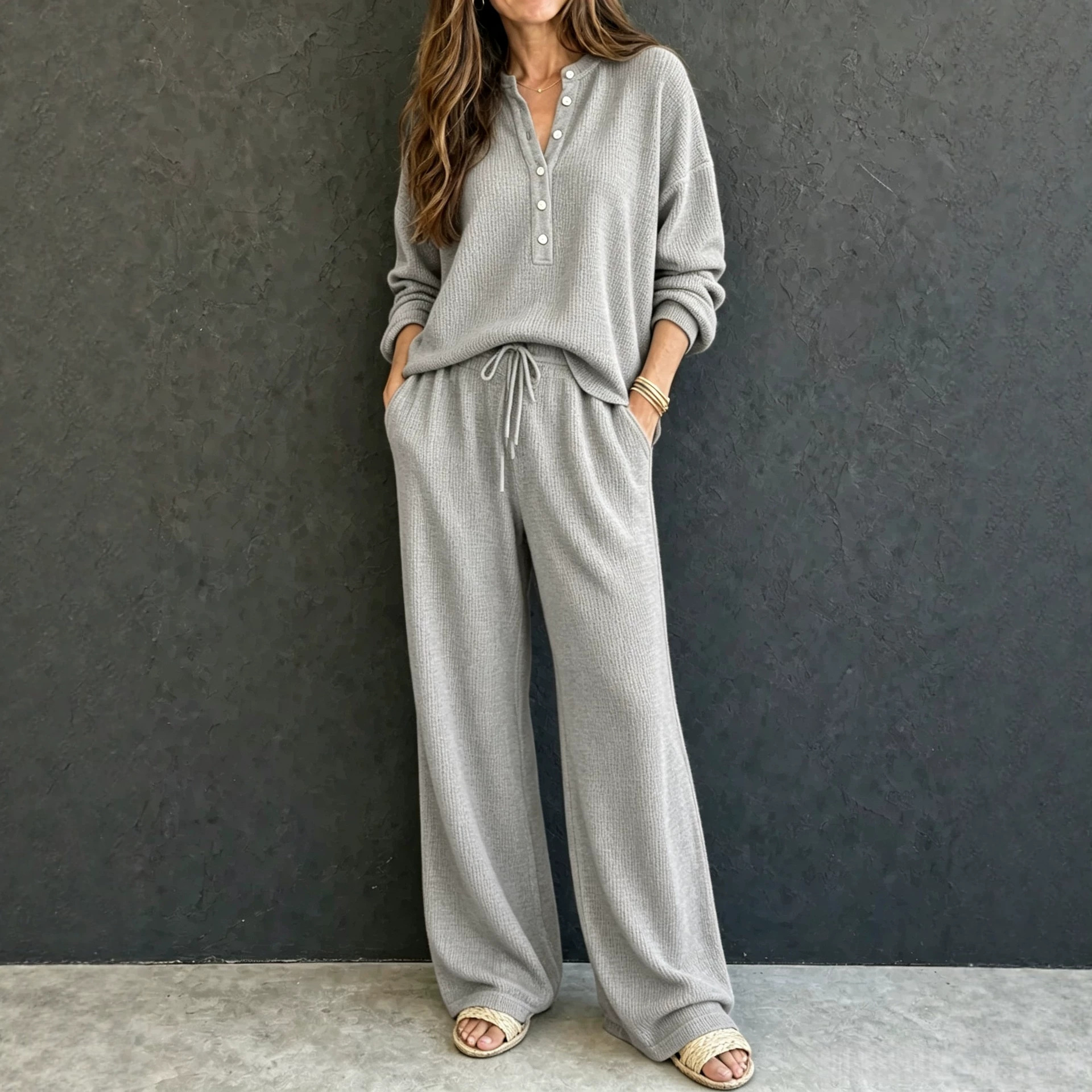 Women's Waffle Knit Long Sleeve Top & Wide Leg Pants Set Solid Color