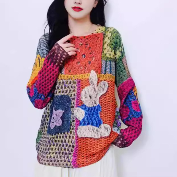 Elegant Butterfly Print Knit Pullover Sweater Long Sleeve Crew Neck Color Block