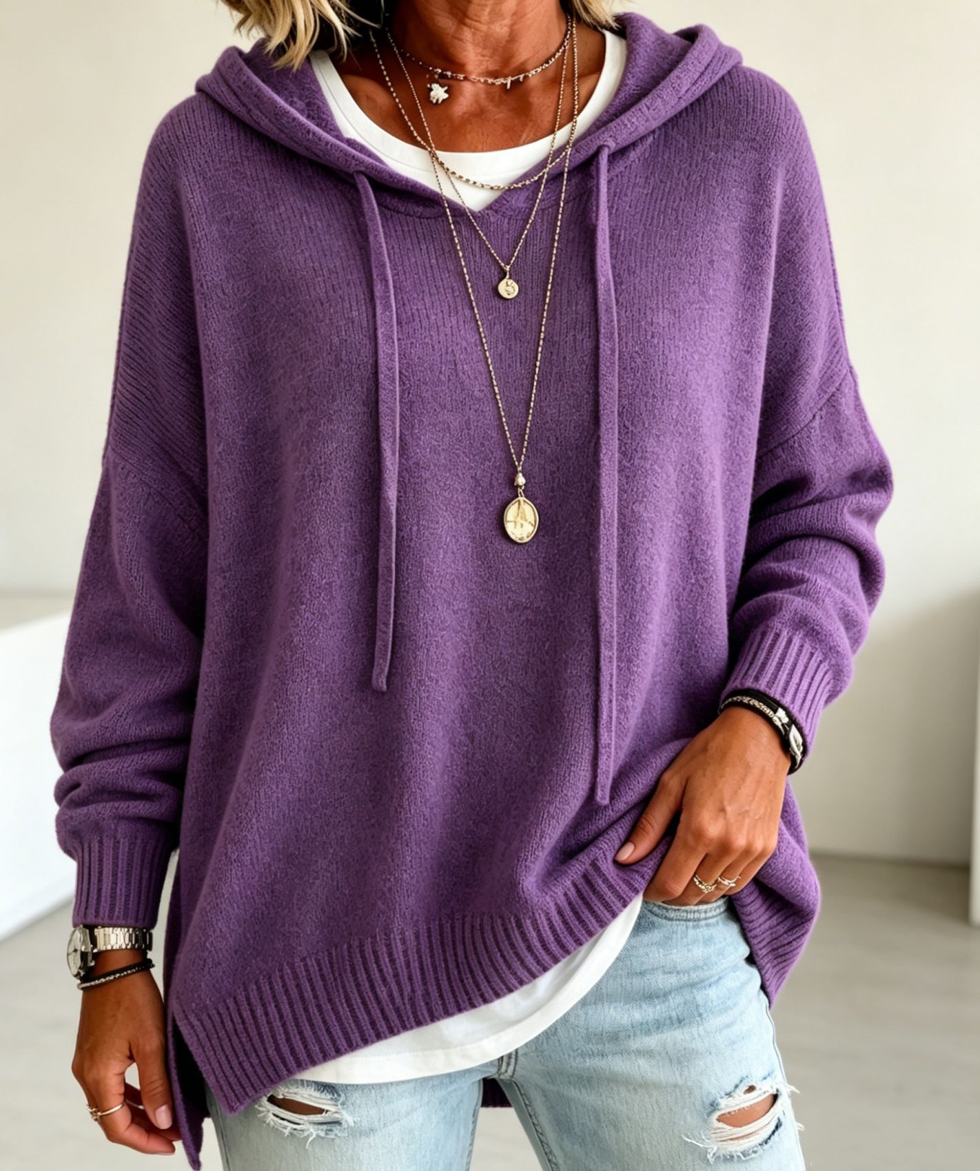 Women's Knit Hooded Drawstring Pullover Sweater Loose Long Sleeve