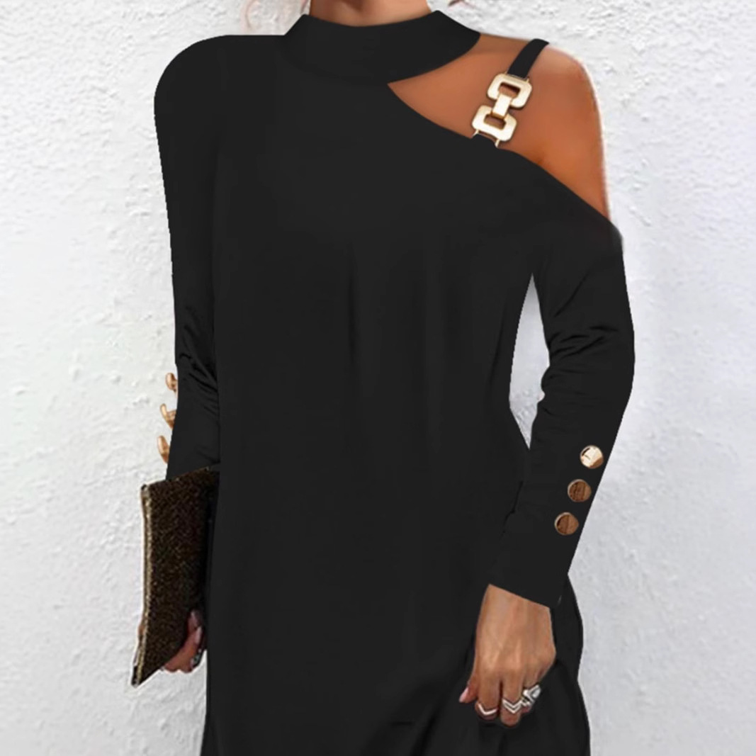 Metal Buckle Halter Neck Button Dress