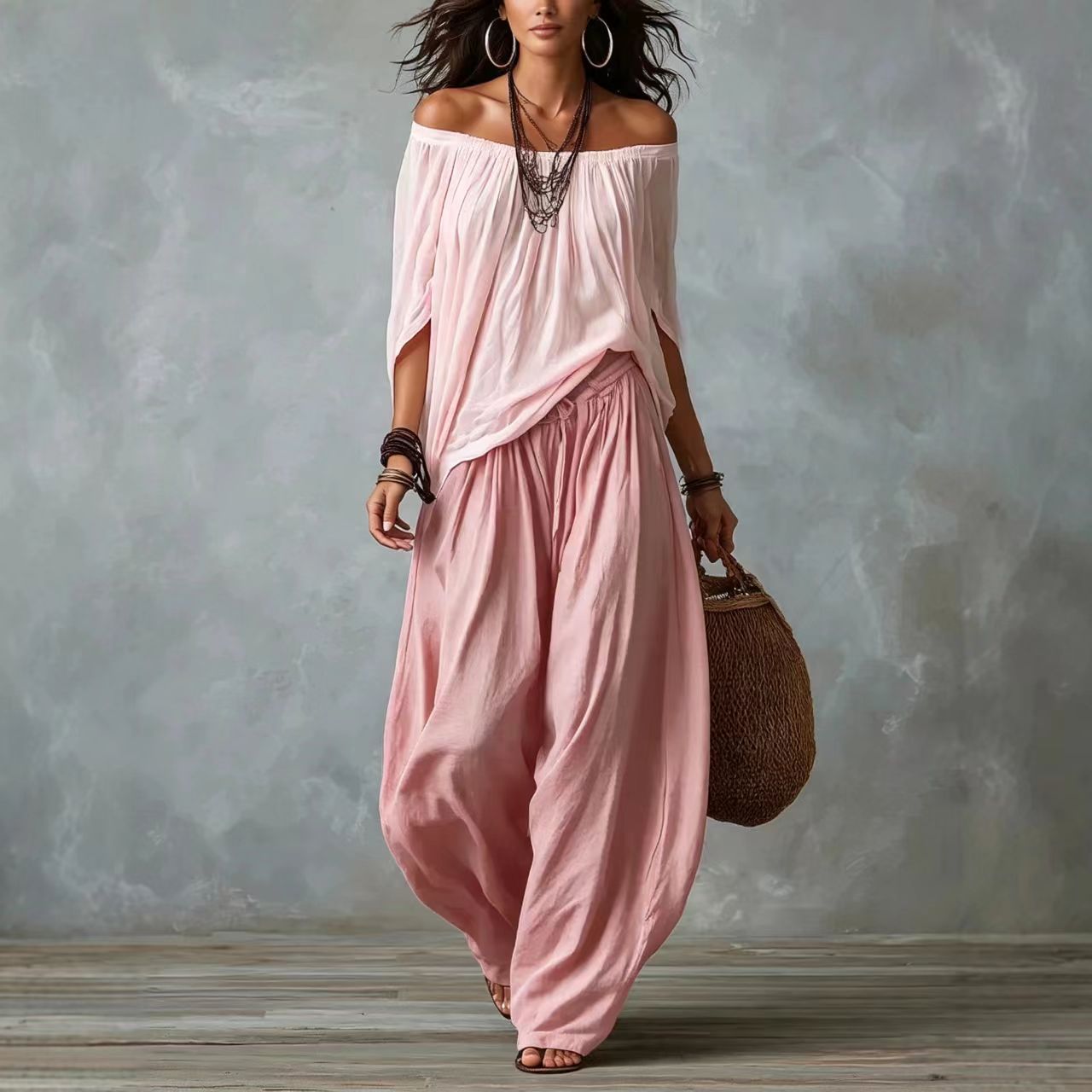 Women's Off-Shoulder Top and Wide-Leg Pants Set Casual Two-Piece Outfit