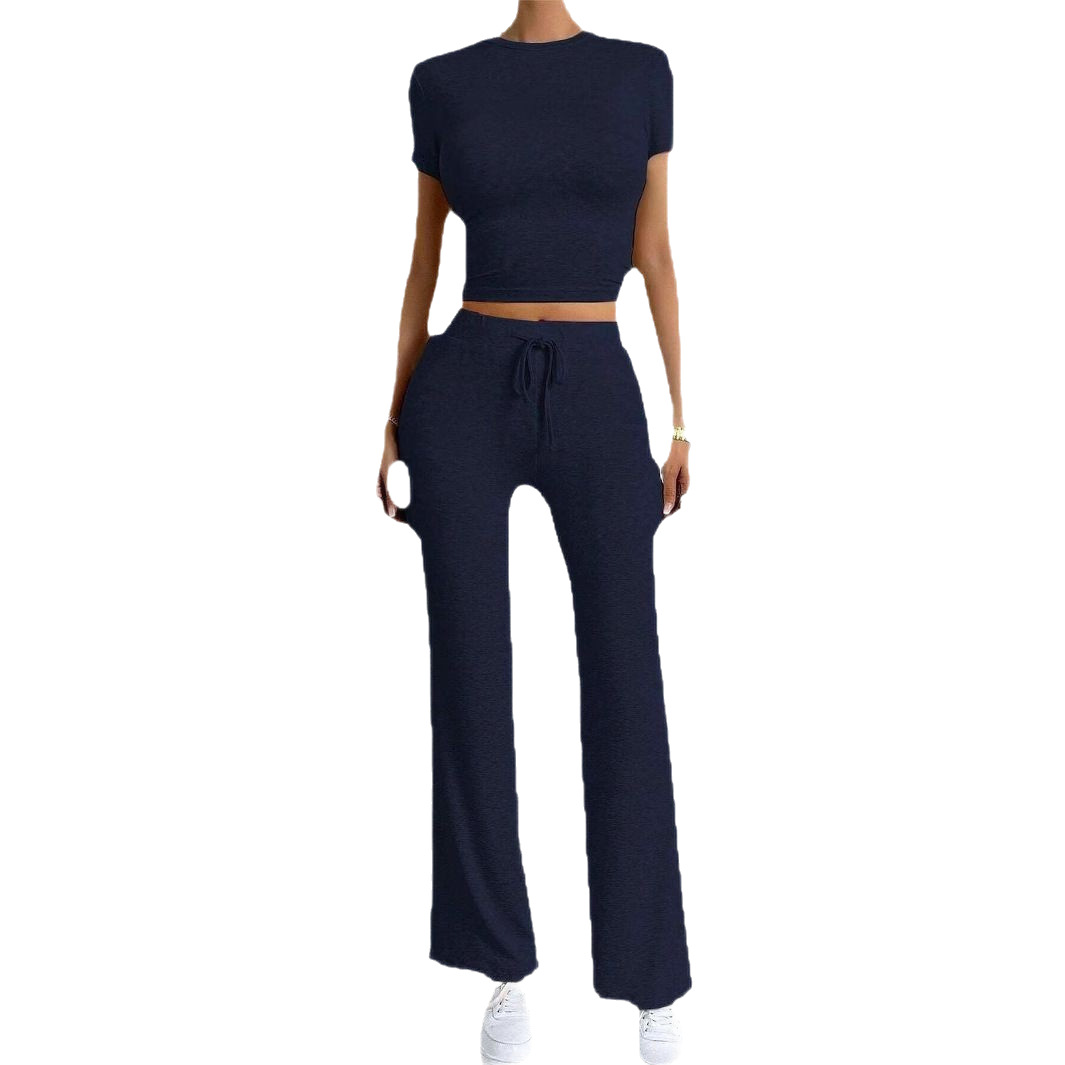 Women's Solid Color Long Pants and Short Sleeve T-Shirt Casual Two-Piece Set