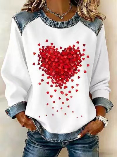 Women's Heart Print Crewneck Sweatshirt Casual Pullover