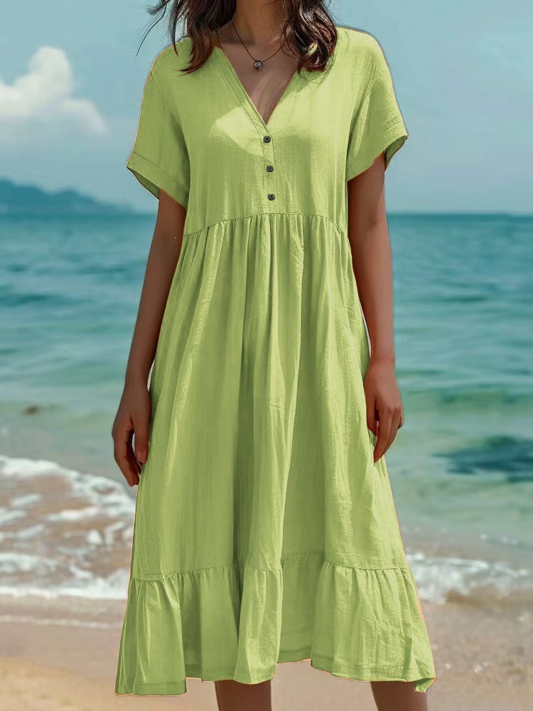 V-Neck Three-Button Short Sleeve High Waist Ruffle Midi Dress