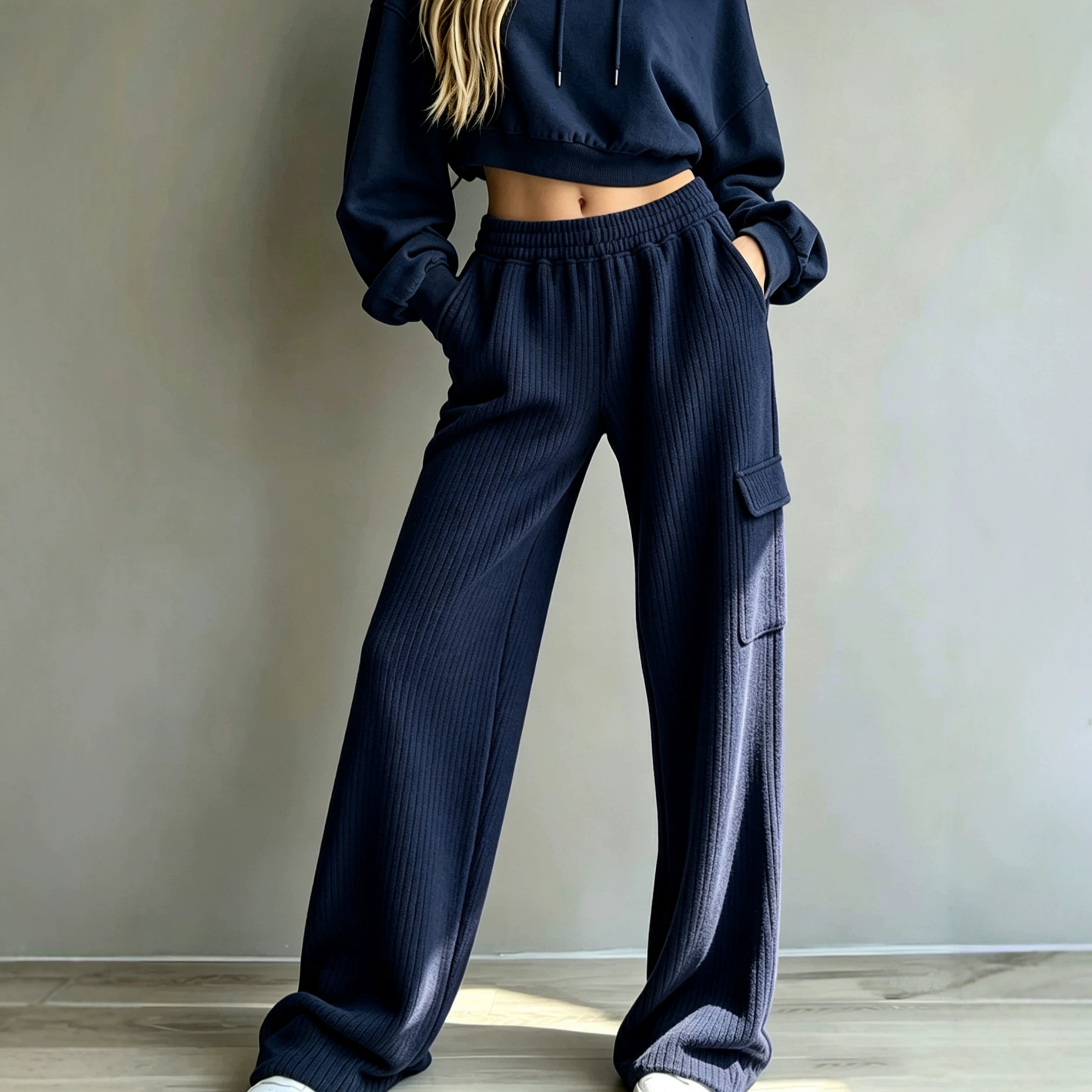 Vertical Ribbed Wide-Leg Cargo Sweatpants High Waist Drawstring