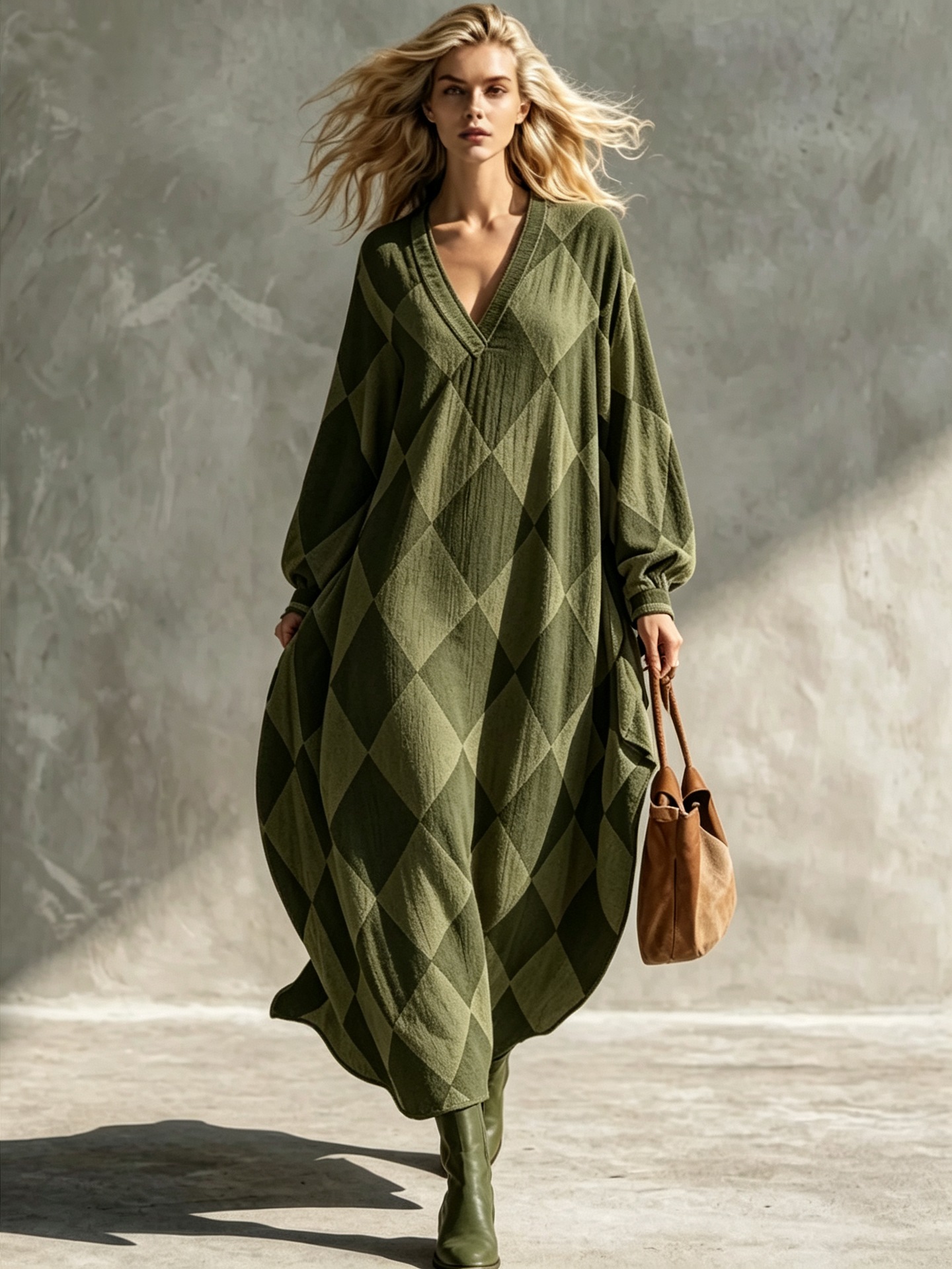 Retro Plaid V-Neck Lantern Sleeve Loose Casual Dress
