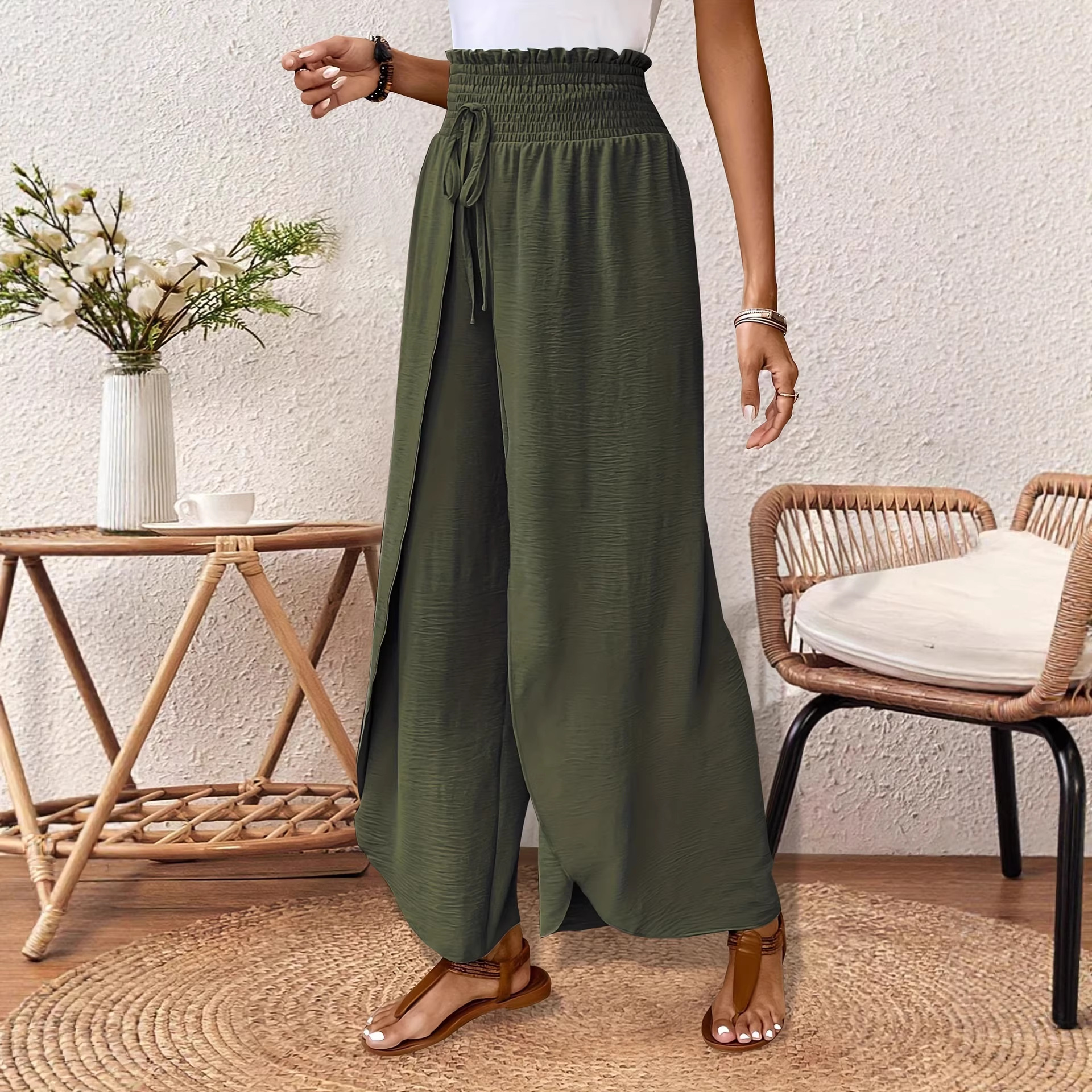 Women's Elegant Split Hem Loose Waist Lightweight Breathable Casual Pants