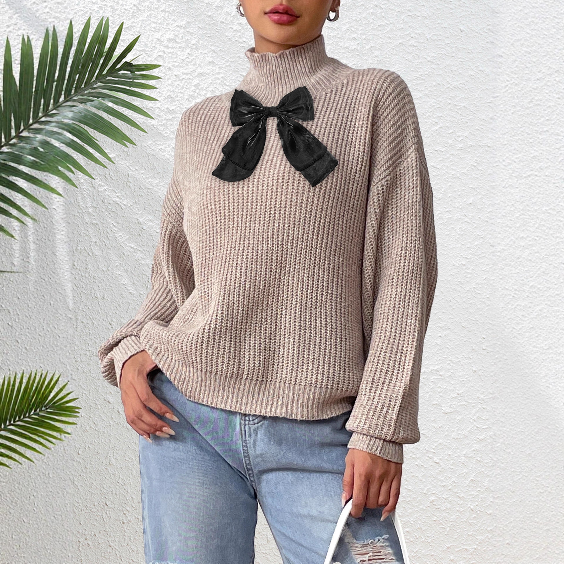 Women's Half-Turtleneck Pullover Sweater with Black Mesh Bow Colorblock
