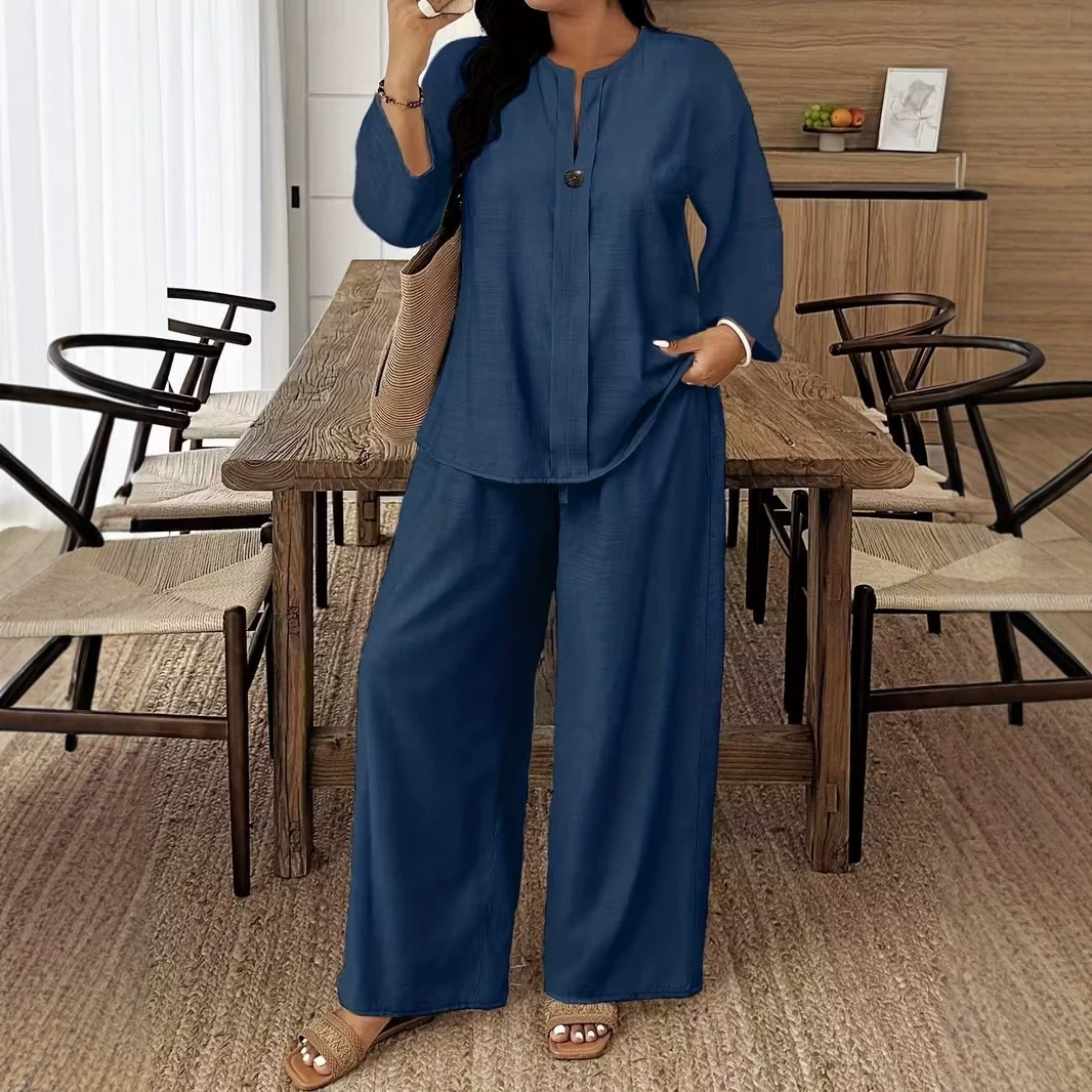 Women's Long Sleeve Cardigan & Wide-Leg Pants Two-Piece Set Solid Color Casual Elegant