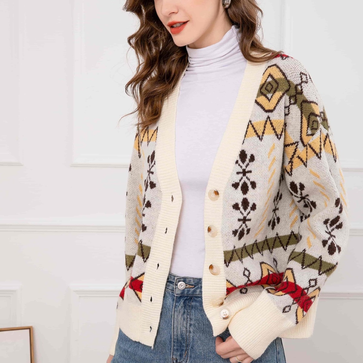 Women's Wool Blend Double-Sided Jacquard Colorblock Cardigan Sweater