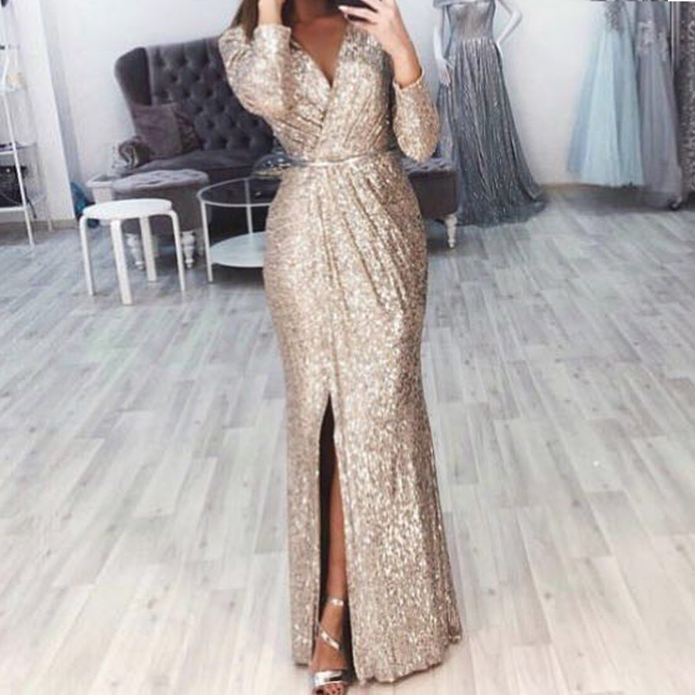Women's Long Sleeve Deep V-Neck Sequin Evening Dress