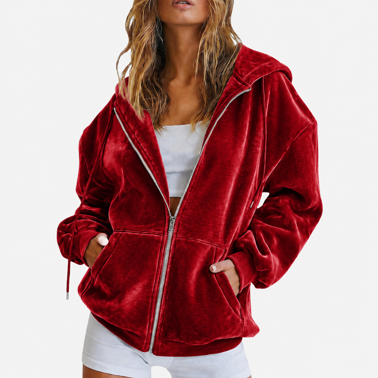 Velvet Zip-Up Hoodie Loose Fit Casual Jacket