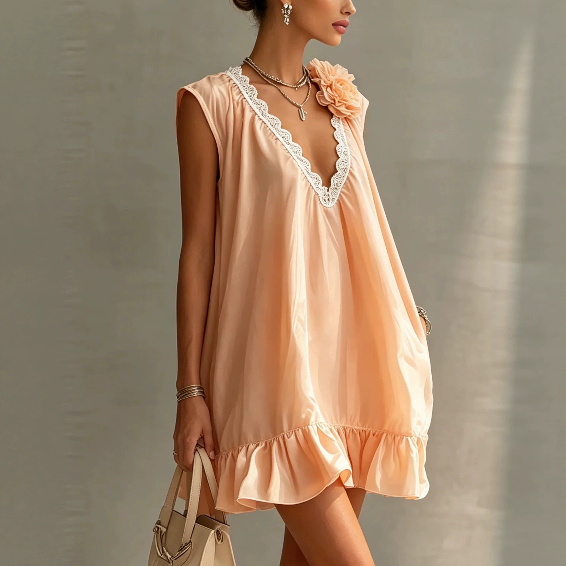Nude Pink Lace V-Neck Sleeveless A-Line Mini Dress with 3D Floral Ruffles