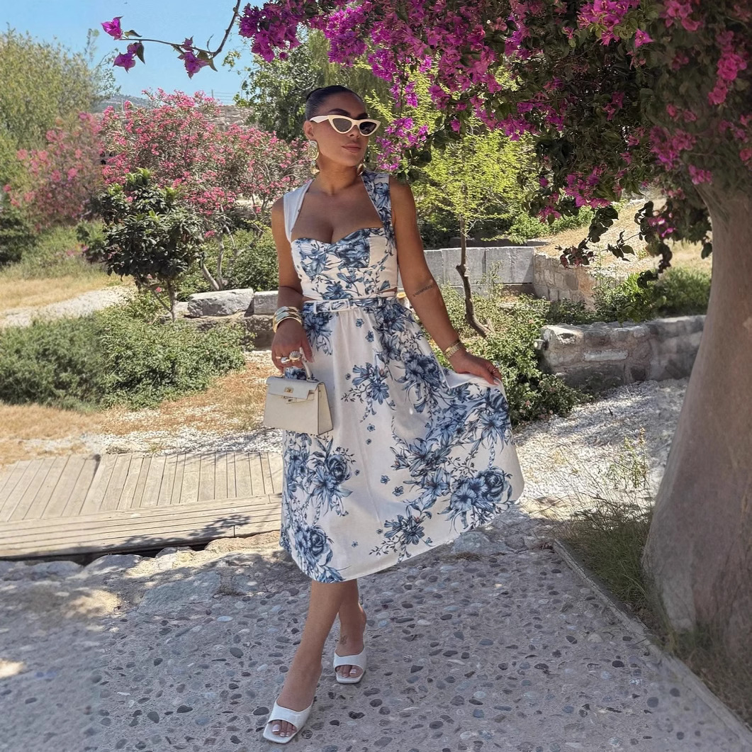 Women's Floral Print Halter Neck Dress Set