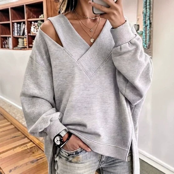 Women's Solid Cross-Neck Long-Sleeve Loose Sweatshirt