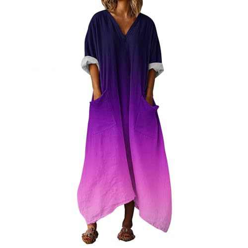 Women's Colorful Gradient A-Line Midi Dress with Deep V-Neck and Long Sleeves