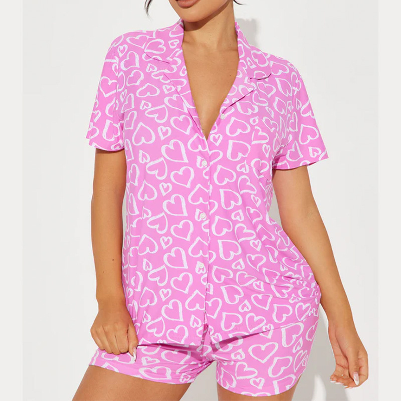 Women's Cuban Collar Lip and Heart Print Short Sleeve Shirt Set