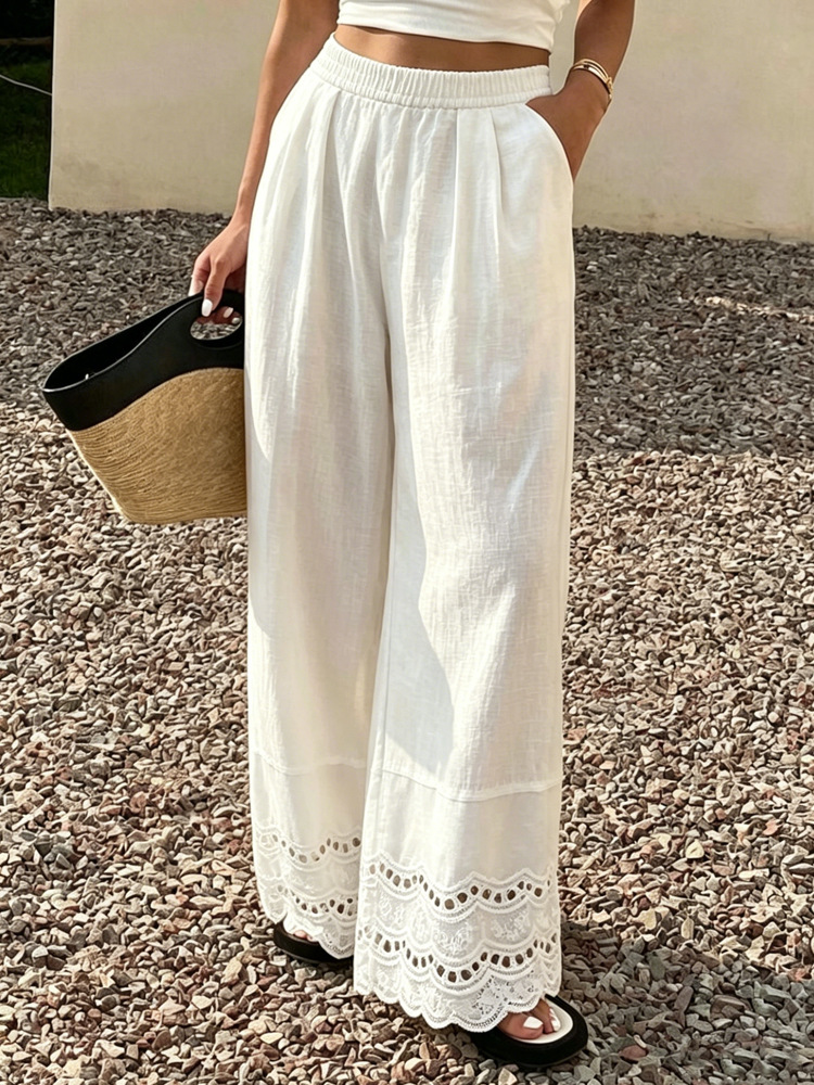 Women's Solid Lace Trim Cotton Linen Wide Leg Pants