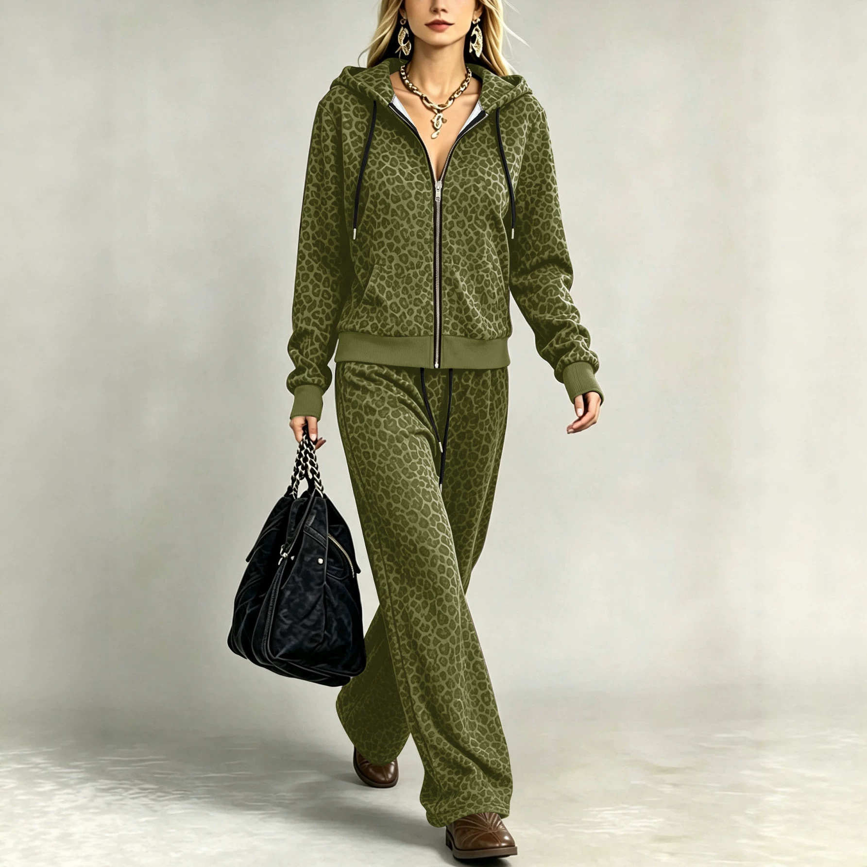 Leopard Print Zip-Up Hooded Cardigan & Wide-Leg Pants Set