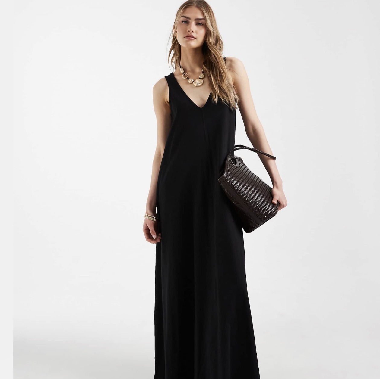 Women's Solid V-Neck Sleeveless Maxi Dress Loose Flowy
